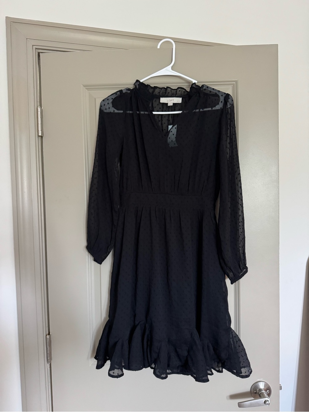 LOFT Black Swiss Dot Long Sleeve Ruffle Hem Dress NWT